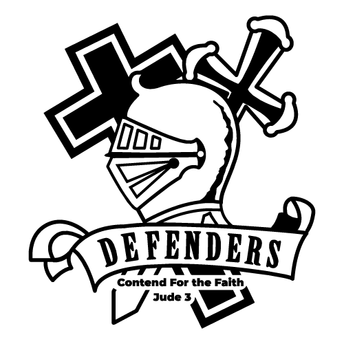 DefendersLogoUpdated_Black | Defenders of the Christian Faith Movement Logo of Defenders: a knight helmet with crossed swords, a banner reading DEFENDERS, and small text 'Contend for the Faith, Jude 3'.
