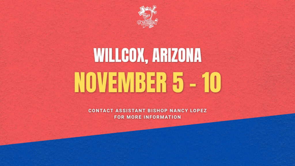 ShortTermMission2026 | Defenders of the Christian Faith Movement Event poster for Willcox, Arizona: November 5–10, with contact Bishop Nancy Lopez for more information (logo at top).